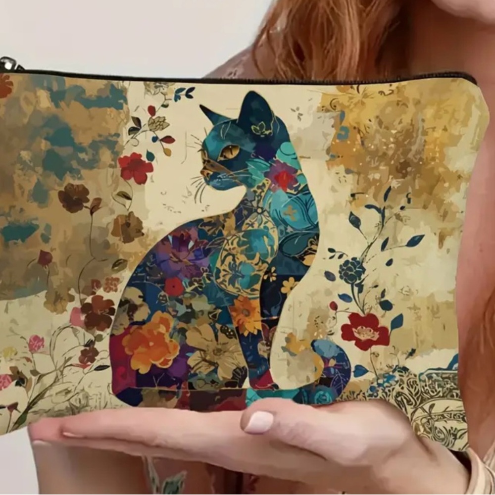 Floral Cat Print Pouch